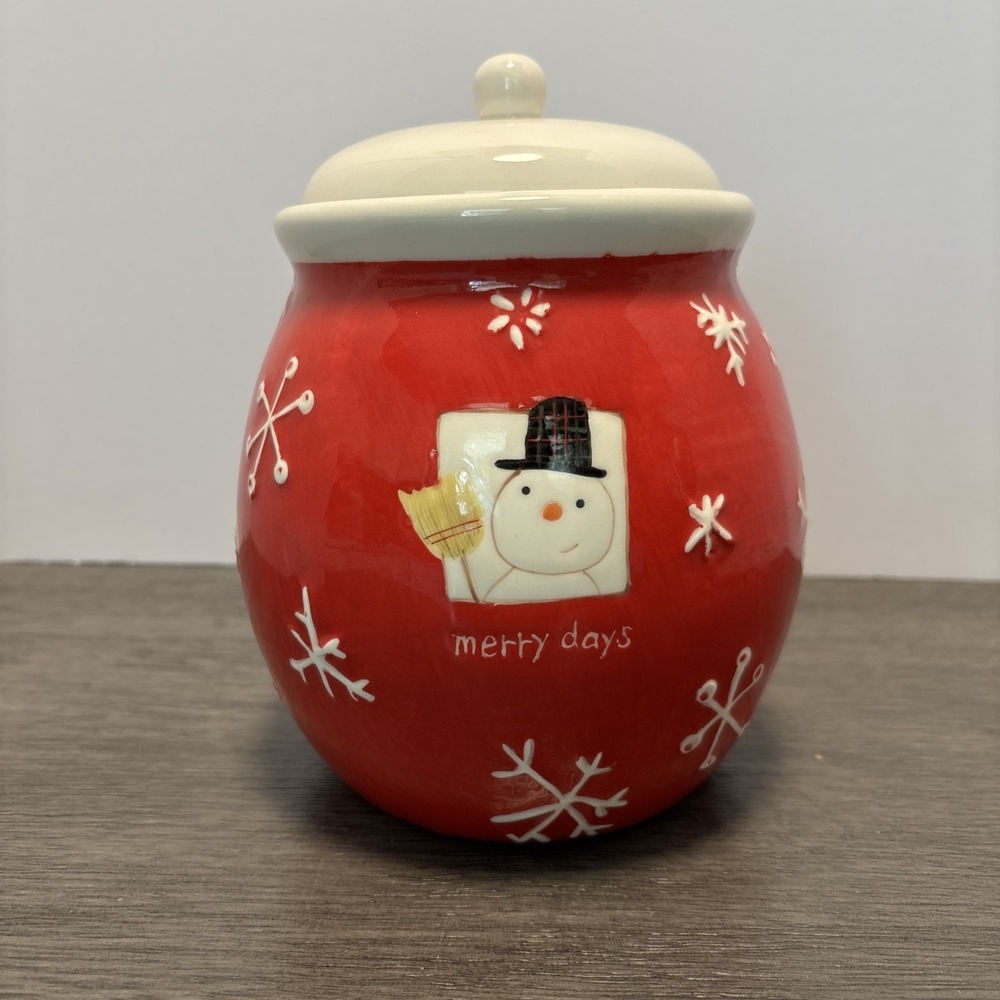 Hallmark Merry Days Snowman Cookie Jar Ceramic Gloss Red Christmas Ornament 7.5"